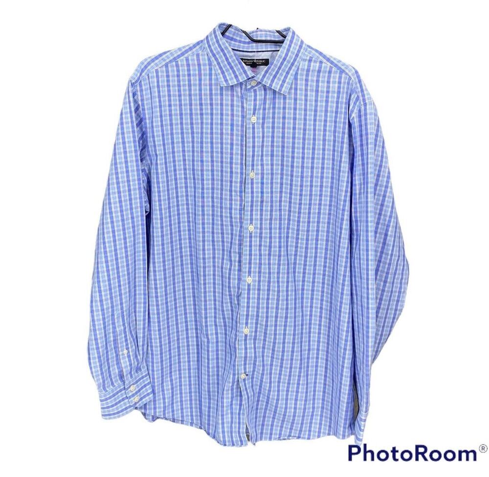 Banana Republic Men's Slim Fit Check Plaid Button Down Shirt Sz XL Blue Non Iron
